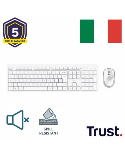 KIT DESK SET TASTIERA E MOUSE WIRELESS SILENZIOSI RESISTENTE AGLI SVERSAMENTI - LAYOUT ITALIANO - TRUST ODI II BIANCO