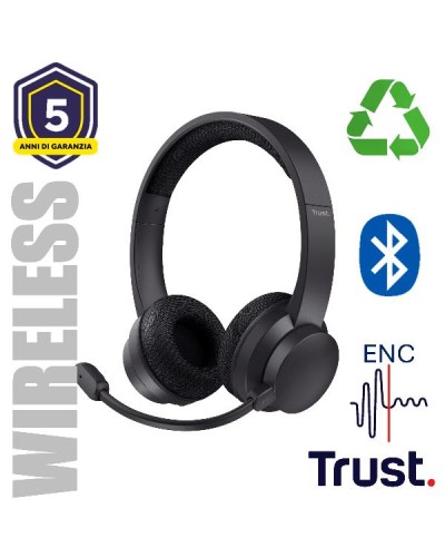 CUFFIE ON-EAR WIRELESS BLUETOOTH RICARICABILI CON MICROFONO FLIP TO MUTE E RIDUZIONE RUMORE ENC - 65% PLASTICA RICICLATA - TRUS