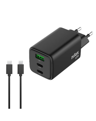NILOX TECH - Caricabatteria da rete, tecnologia GaN, potenza massima 65 Watt, 3 porte totali, cavo USB-C a USB-C incluso, lungh