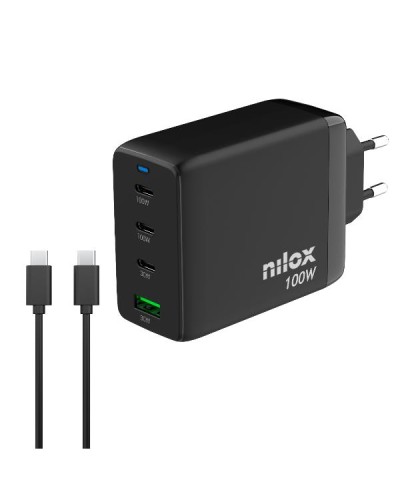 NILOX TECH - Caricabatteria da rete, tecnologia GaN, potenza massima 100 Watt, 4 porte totali, cavo USB-C a USB-C incluso, lung