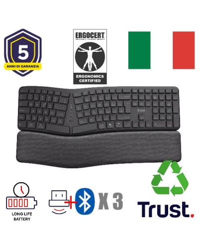 TASTIERA ERGONOMICA (CERTIFICATA ERGOCERT) WIRELESS MULTICONNECT BT + 2,4GHz - PLASTICA RICICLATA 85% - LAYOUT ITALIANO -TRUST 