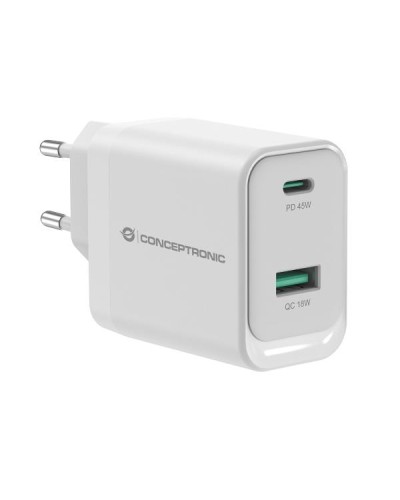 CARICATORE PD USB 2-PORTE 45W GaN, 1x USB-C, 1x USB-A, QC 3.0, PPS, PD 3.0