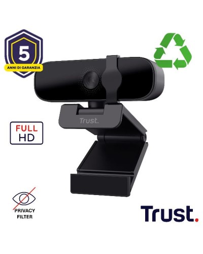 WEBCAM FULL HD 1980X1080P - FILTRO PRIVACY - 85% PLASTICA RICICLATA - TRUST TANOR - NERO