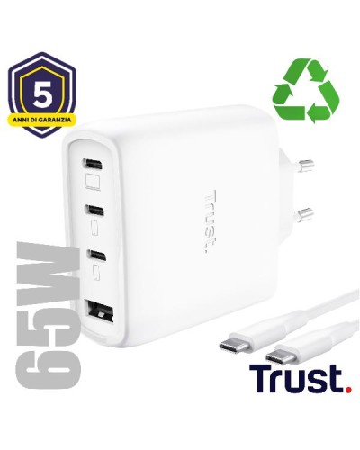 ALIMENTATORE/CARICABATTERIA 65W 4 PORTE (3 USB-C, 1 USB-A) GAN - CAVO RICARICA 2M INCLUSO - PLASTICA RICICLATA 50% - TRUST MAXO