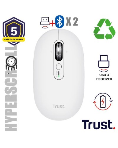 MOUSE WIRELESS HYPERSCROLL RICARICABILE MULTICONNECT WL 2,4GHZ + 2x BT ULTRASOTTILE SILENT - 3200DPI - TRUST SERON - BIANCO