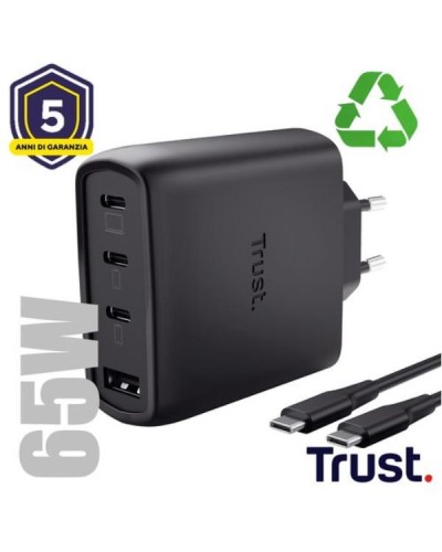 ALIMENTATORE/CARICABATTERIA 65W 4 PORTE (3 USB-C, 1 USB-A) GAN - CAVO RICARICA 2M INCLUSO - PLASTICA RICICLATA 50% - TRUST MAXO