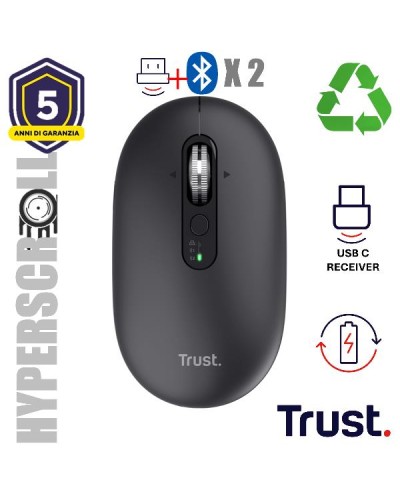 MOUSE WIRELESS HYPERSCROLL RICARICABILE MULTICONNECT WL 2,4GHZ + 2x BT ULTRASOTTILE SILENT - 3200DPI - TRUST SERON - NERO