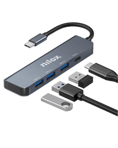 NILOX TECH -  Hub con 4 porte, 3 porte USB-A 3.0, porta USB-C, velocità fino a 5 Gbps, connettore USB-C output