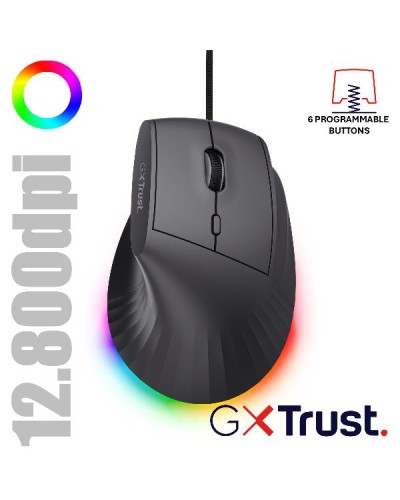 MOUSE ERGONOMICO  VERTICALE CABLATO 1,7M RGB 12.800 DPI - 6 TASTI PROGRAMMABILI - TRUST GXT 145 REXXA  - NERO