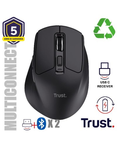 MOUSE WIRELESS RICARICABILE MULTICONNECT WL 2,4GHZ + 2x BT SILENT - 3200DPI - TRUST NIVEN - NERO