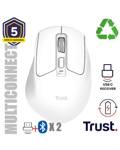 MOUSE WIRELESS RICARICABILE MULTICONNECT WL 2,4GHZ + 2x BT SILENT - 3200DPI - TRUST NIVEN - BIANCO