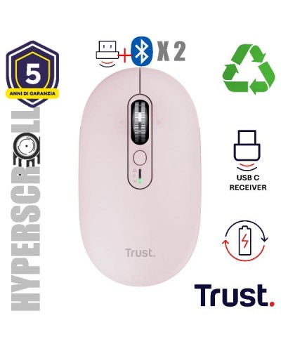 MOUSE WIRELESS HYPERSCROLL RICARICABILE MULTICONNECT WL 2,4GHZ + 2x BT ULTRASOTTILE SILENT - 3200DPI - TRUST SERON - ROSA