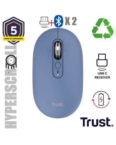 MOUSE WIRELESS HYPERSCROLL RICARICABILE MULTICONNECT WL 2,4GHZ + 2x BT ULTRASOTTILE SILENT - 3200DPI - TRUST SERON - BLU