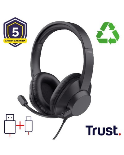 CUFFIE OVER-EAR CABLATE 1,8M USB CON MICROFONO FLIP TO MUTE - 85% PLASTICA RICICLATA - TRUST AYDA MAX USB - NERO