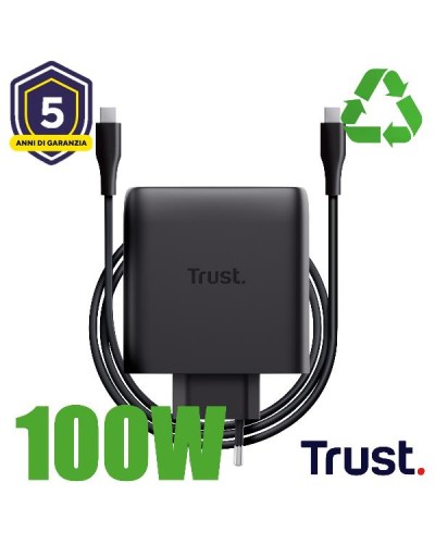 ALIMENTATORE/CARICABATTERIA 100W 2 PORTE USB-C GAN - PLASTICA RICICLATA 50% - TRUST MAXO - NERO