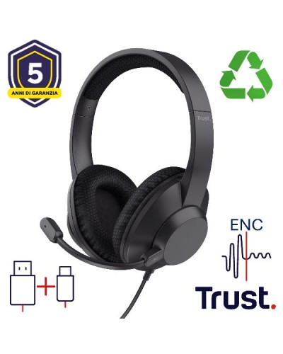 CUFFIE OVER-EAR CABLATE 1,8M USB CON MICROFONO FLIP TO MUTE E RIDUZIONE RUMORE ENC - 85% PLASTICA RICICLATA - TRUST AYDA MAX US