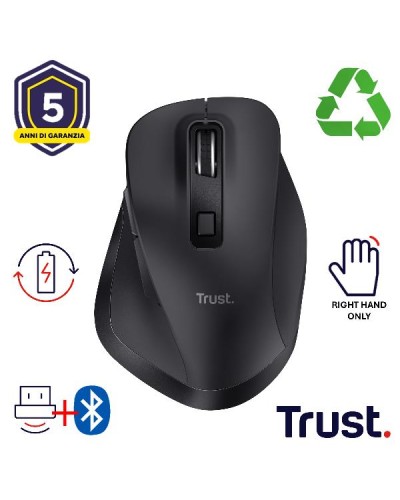 MOUSE WIRELESS RICARICABILE MULTICONNECT BT + WL 2,4GHZ - 2.400DPI - PLASTICA RICICLATA 50% - TRUST FYDA MULTIDEVICE - NERO