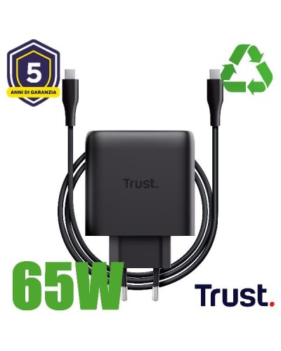 ALIMENTATORE/CARICABATTERIA 65W USB-C GAN - CAVO RICARICA INCLUSO - PLASTICA RICICLATA 50% - TRUST MAXO - NERO