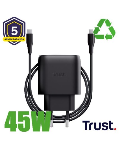 ALIMENTATORE/CARICABATTERIA 45W USB-C GAN - CAVO RICARICA INCLUSO - PLASTICA RICICLATA 50% - TRUST MAXO - NERO