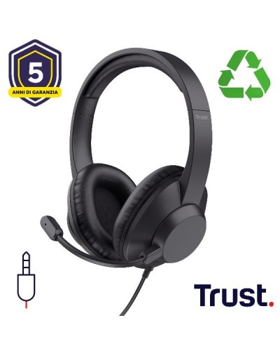 CUFFIE OVER-EAR CABLATE 1,8M JACK 3,5M CON MICROFONO FLIP TO MUTE - 85% PLASTICA RICICLATA - TRUST AYDA MAX - NERO