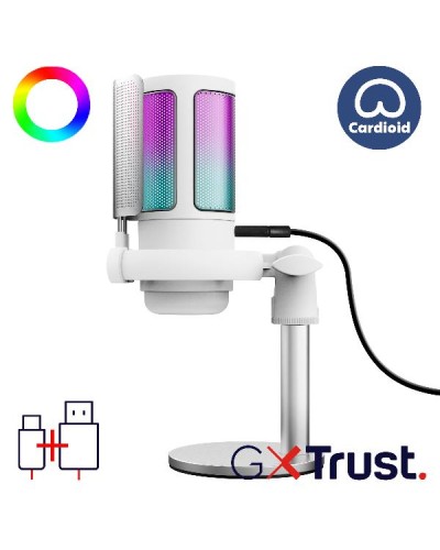 MICROFONO CARDIOIDE RGB GAMING CABLATO USB 1,8M CON SUPPORTO PER STREAMING - TRUST GXT 238W AURON - BIANCO