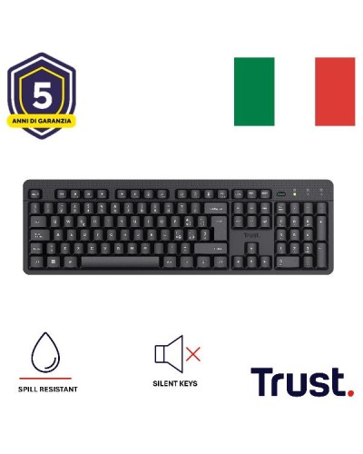 TASTIERA WIRELESS SILENZIOSA RESISTENTE AGLI SVERSAMENTI - LAYOUT ITALIANO - TRUST ODY II - NERO