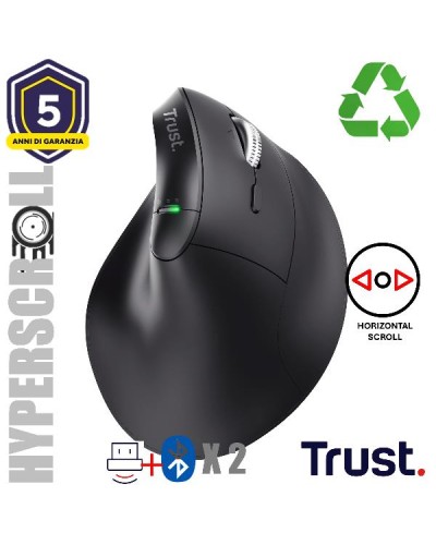 MOUSE ERGONOMICO VERTICALE HYPERSCROLL WIRELESS RICARICABILE MULTICONNECT 2x BT + WL 2,4GHZ (USB A + USB C) - PLASTICA RICICLAT