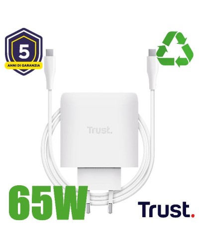 ALIMENTATORE/CARICABATTERIA 65W USB-C GAN - CAVO RICARICA INCLUSO - PLASTICA RICICLATA 50% - TRUST MAXO - BIANCO
