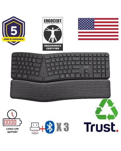 TASTIERA ERGONOMICA (CERTIFICATA ERGOCERT) WIRELESS MULTICONNECT BT + 2,4GHz - PLASTICA RICICLATA 85% - LAYOUT AMERICANO US -TR
