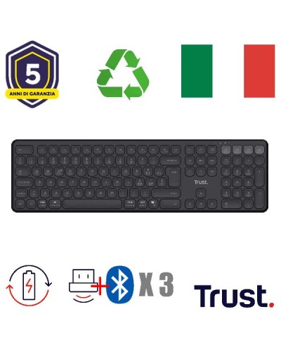 Trust Vaiya Tastiera Wireless Multiconnect Ricaricabile Nera