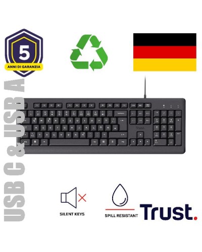 TASTIERA CABLATA 180CM RESISTENTE AGLI SVERSAMENTI - PLASTICA RICICLATA 70% - USB A + USB C - TASTI SILENZIOSI - LAYOUT TEDESCO