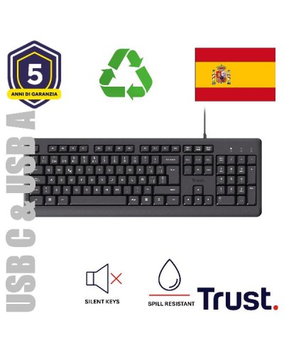TASTIERA CABLATA 180CM RESISTENTE AGLI SVERSAMENTI - PLASTICA RICICLATA 70% - USB A + USB C - TASTI SILENZIOSI - LAYOUT SPAGNOL
