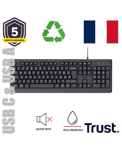 TASTIERA CABLATA 180CM RESISTENTE AGLI SVERSAMENTI - PLASTICA RICICLATA 70% - USB A + USB C - TASTI SILENZIOSI - LAYOUT FRANCES