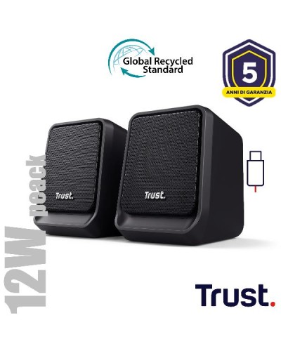 SET ALTOPARLANTI SPEAKERS 2.0 12W PICCO (6W RMS) - 85% PLASTICA RICICLATA - TRUST MILO - NERO