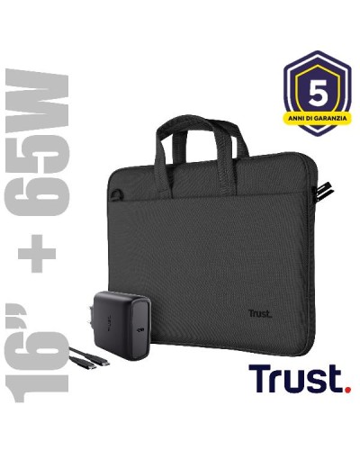 SET BORSA LAPTOP FINO A 16" + ALIMENTATORE USB C 65W REALIZZATI CON MATERIALE RICICLATO - TRUST BOLOGNA NERO