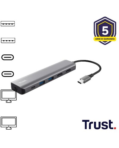 ADATTATORE DOCKING STATION MULTIPORT 6 IN 1 , 2 HDMI 4K, 1 USB-C, 1 USB-C PD, 2 USB-A 3.2, TRUST DALYX 6-IN-1 - ALLUMINIO