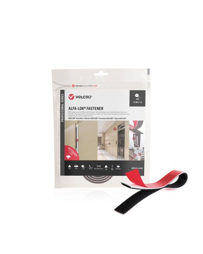 Cinta de Velcro Adhesiva de Doble Cara Alfa-Lok Negra, 25 mm x 1 m, Alta Resistencia, Fácil de Aplicar.
