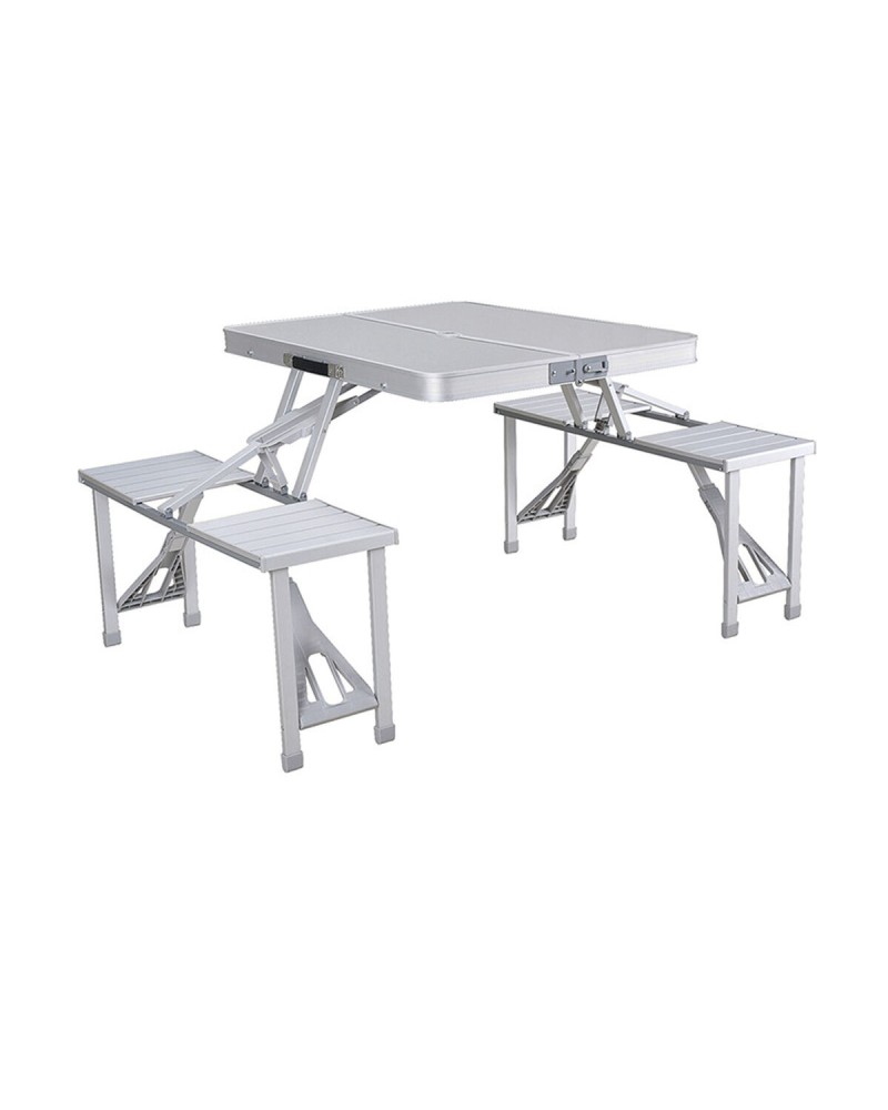 Ensemble Marbueno: Table et 4 Sièges avec Trou pour Parasol Pliable Aluminium Gris Camping Plage 136X85X67 cm 10439