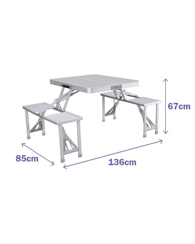 Ensemble Marbueno: Table et 4 Sièges avec Trou pour Parasol Pliable Aluminium Gris Camping Plage 136X85X67 cm 10439