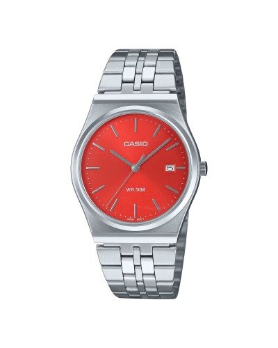 Casio MTP-B145D-4A2VEF Herrenuhr Edelstahl Silber Zifferblatt Rot
