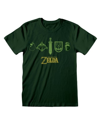 Camiseta Zelda Icons Verde Oscuro Unisex - Algodón, Manga Corta - Videojuego Legend
