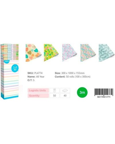 Papel de Regalo Europrice Multicolor - Rollo 3m (50uds) - Decoraciones Fiestas
