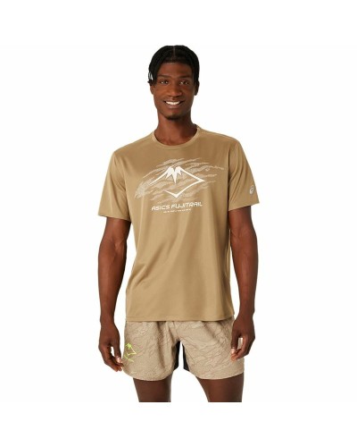 Asics Fujitrail Logo Top: Camiseta de Running de Manga Corta para Hombre - Marrón/Beige
