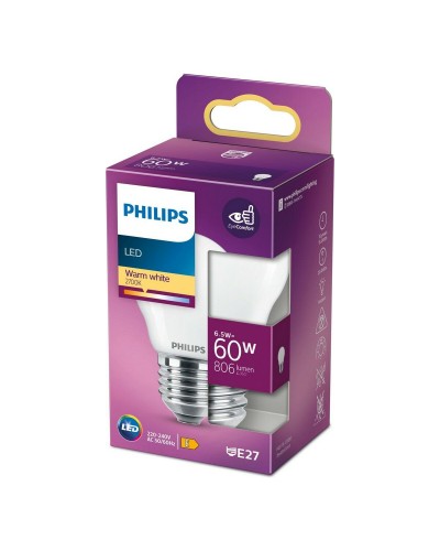 Philips Lampadina LED 6,5W Equivalente 60W, Attacco E27, Flusso Luminoso 806lm, Luce Calda 2700K, Dimensioni 4,5 x 7,8 cm