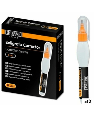 Corrector en Pluma Ingraf de 8 ml para Documentos, Corrección Precisa y Rápida (Paquete de 12)
