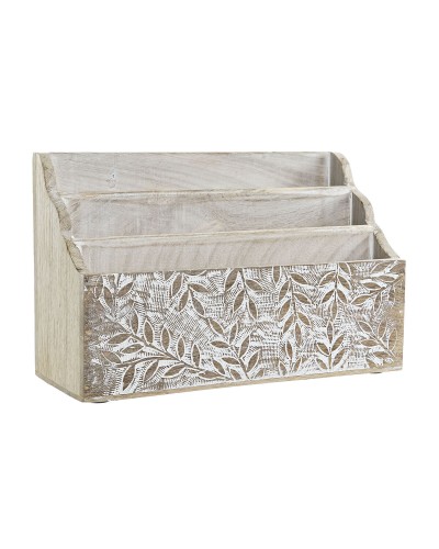 Contenitore Multiuso DKD Home Decor in Legno di Mango Bianco Naturale, 3 Scomparti, 32 x 13 x 21 cm