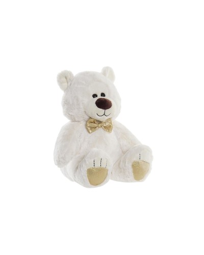 DKD Home Decor Ours en Peluche Nœud Papillon - Blanc Doré, 30x40cm - Cadeau Enfants
