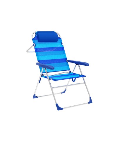 Marbueno 5-Positionen-Aluminium-Strandstuhl, faltbar, mit blau gestreiftem Kissen (67x66x99 cm)
