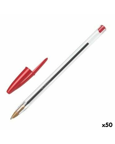 Bic Cristal Original Bolígrafos de Punta Fina 0,32 mm, Escritura Roja, Paquete de 50
