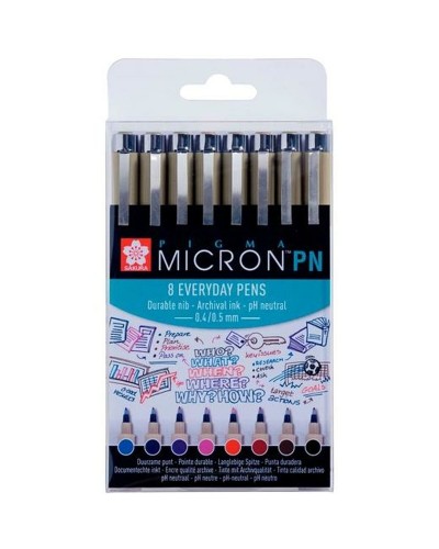 Set de Rotuladores Pigma Micron Sakura, 8 Colores, Punta Surtida, para Dibujo y Escritura.
